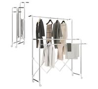 HOMCOM Séchoir à Linge Pliable 104-150 x 103 x 145-197 cm Argent | Étendoir Linge Intérieur, Tancarville, 3 Barres Réglables, 4 Roulettes, Acier Inoxydable
