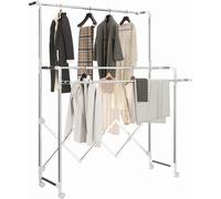 HOMCOM Séchoir à linge pliable étendoir linge intérieur à 3 barres réglables et 4 roulettes seche linge etendoir en acier inoxydable 104-150 x 103 x 145-197 cm argent