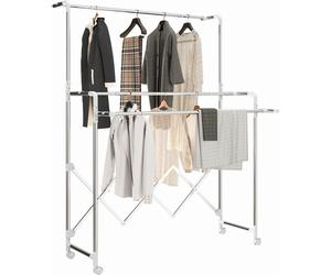 HOMCOM Séchoir à linge pliable étendoir linge intérieur à 3 barres réglables et 4 roulettes seche linge etendoir en acier inoxydable 104-150 x 103 x 145-197 cm argent