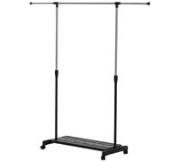HOMCOM Séchoir Extensible avec Roulettes avec Barre en Acier Inoxydable et Étagère pour Chaussures 159x42x168 cm Noir et Argent