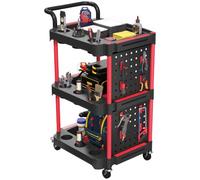 HOMCOM Servante à Outils 3 Niveaux, Panneau perforé, Noir/Rouge | Servante à roulettes avec freins, organisateur mobile robuste, pour garage, atelier et entrepôt
