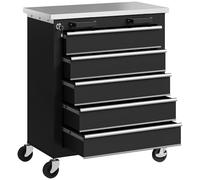 HOMCOM Servante d'atelier avec 5 tiroirs, chariot à outils vide verrouillable avec plan de travail en acier inoxydable, 2 clés et tapis EVA Armoire à outils avec roulettes, freins noirs