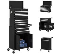 HOMCOM Servante d'atelier avec mallette à 9 compartiments, servante à outils vide verrouillable avec poignée, étagère armoire à outils en acier avec roulettes, poignée noire