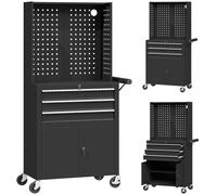 HOMCOM Servante d'atelier en acier à 3 tiroirs, chariot à outils sur roulettes, étagère réglable, panneau perforé, noir