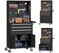 HOMCOM Servante d'Atelier en Acier à 3 Tiroirs Étagère Réglable Noir | Chariot à Outils Verrouillable, Panneau Perforé, Caisse à Outils sur Roulettes, Atelier, Garage