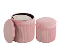 HOMCOM Set 2 Poufs Repose-Pieds Ronds Empilables et Rembourrés avec Revêtement en Velours, Coffre de 34,8 L, Rose