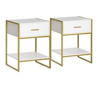 HOMCOM Set de 2 Tables de Nuit Modernes, 2 Tables de Nuit pour Chambre et Salon, avec tiroir et étagère Ouverte, Design Moderne, MDF et Acier, 45x40x60cm, Blanc et Or