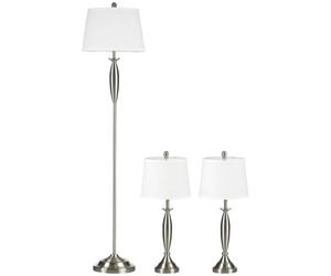 HOMCOM Set de 3 lampes: 1 lampadaire + 2 lampes de table argent+blanc | Ensemble de lampes de table avec base E27, interrupteur au pied, lampadaire, lampe de lecture pour salon, chambre