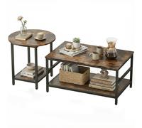 HOMCOM Set de tables basses, 2 pièces, table rectangulaire et ronde avec rangement à 2 niveaux, brun rustique