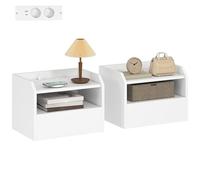 HOMCOM Set of 2 Floating Bedside Tables with Charging Station, Bedroom Bedside Tables, Drawer, Open Shelf, Wall Mounted, Modern Style, for Living Room, 40x29x29 cm, White