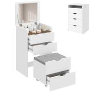 HOMCOM Station de Maquillage 3-en-1 avec Miroir Pliant, Tabouret de vanité, Station de Maquillage avec Tabouret à roulettes rembourré, 3 tiroirs, Dessus en Verre Transparent, Rangement, Gain de