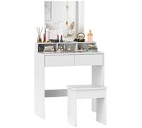 HOMCOM Station de Maquillage avec Tabouret et Miroir 75x38x135cm Blanc | Table de maquillage avec 3 étagères, 2 tiroirs, table de maquillage en bois moderne, pour chambre à coucher