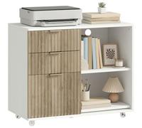HOMCOM Support d'Imprimante 3 Tiroirs 80x40x68cm Blanc Chêne | Meuble de Rangement sur Roulettes, 2 Étagères Ouvertes, Design Ondulé, Caisson de Bureau pour Dossiers Suspendus A4 et Letter