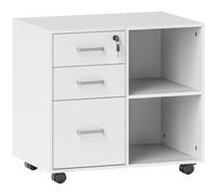 HOMCOM Support d'Imprimante 3 Tiroirs Verrouillables 60 x 40 x 56 cm Blanc | Caisson de Bureau sur Roulettes, Meuble de Rangement, Étagères Ouvertes
