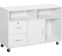 HOMCOM Support d'imprimante à 2 tiroirs, meuble de rangement sur roulettes, caisson de bureau avec étagères ouvertes et placard, 100 x 35 x 65 cm, blanc