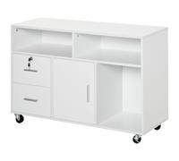 HOMCOM Support d'imprimante à 2 tiroirs meuble de rangement sur roulettes étagères ouvertes et placard, 100 x 35 x 65 cm, blanc