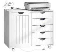 HOMCOM Support d'imprimante avec Station de Charge, roulettes, USB, Blanc | Support d'imprimante, meuble à tiroirs de bureau avec 5 tiroirs, étagère réglable pour classeur, bureau à domicile
