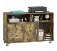 HOMCOM Support d'imprimante sur roulettes 100x35x65 cm, Brun Rustique | 2 tiroirs verrouillables, 3 étagères et armoire, support d'imprimante pour bureau et documents d'étude
