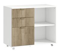 HOMCOM Support d'Imprimante sur Roulettes, 3 Tiroirs, 2 Étagères Ouvertes, Design Ondulé, 80x40x68cm, Blanc Chêne