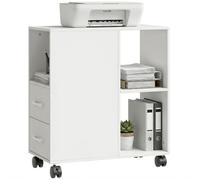 HOMCOM Support d'imprimante, Meuble de Rangement sur roulettes, Caisson de Bureau avec tiroirs, étagère réglable et Compartiment Ouvert, 60 x 30 x 65 cm, Blanc