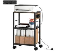 HOMCOM Support imprimante 3 niveaux +roulettes 42x28x64,5cm Brun rustique | Organisateur de bureau en acier avec prises, table, support et chariot, pour fax et scanner.