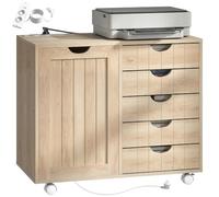 HOMCOM Support imprimante avec Station Charge, roulettes, USB, Naturel | Support d'imprimante, meuble à tiroirs de bureau avec 5 tiroirs, étagère réglable pour classeur, bureau à domicile
