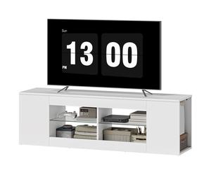 HOMCOM Support TV 140 cm, commode TV, 6 compartiments, 2 étagères en verre, panneau de particules, blanc