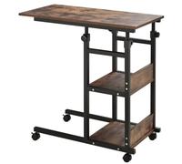 HOMCOM Table d'appoint Table basse avec roulettes, bureau réglable en hauteur avec 2 étagères inférieures, table basse pour ordinateur portable, table de lit, pour salle à manger salon, métal, brun