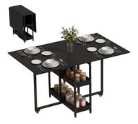 HOMCOM Table à manger pliante 4 places, rabattable gain de place, Noir | Table de cuisine, étagères de rangement, roulettes, pour petits espaces, salle à manger ou cuisine