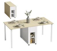 HOMCOM Table à Manger Pliante pour 6 Personnes 39-168 cm 2 Tiroirs Blanc | Table de Cuisine Rectangulaire, 2 Abattants, 4 Étagères Ouvertes, Pieds en Bois de Pin, Petit Espace, Salle à Manger