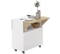 HOMCOM Table à Manger Pliante sur Roulettes, deux côtés de table pliables, Compartiment de rangement, 4 roulettes, Blanc+Bois naturel, 70 x 83 x 75cm