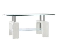 HOMCOM Table Basse à 2 Niveaux, Table Basse Moderne avec Plateau en Verre et Structure en Bois et Acier, 90x50x42cm, Blanc