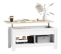 HOMCOM Table Basse Plateau Relevable 105x50x49-62,5cm Blanc | Table de Salon, avec Étagères et Compartiment Caché, pour Salon, Chambre