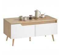 HOMCOM Table Basse Rectangulaire 2 Tiroirs 100 x 50 x 46 cm Chêne et Blanc | Table de Salon Moderne, 5 Pieds en Bois de Pin, Pied Central Ajustable, pour Chambre Séjour et Bureau