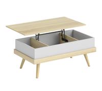 HOMCOM Table Basse Relevable avec 3 Compartiments Cachés, Table de Salon Moderne, Pieds en Bois, 100x79x54cm, Naturel Blanc