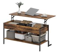 HOMCOM Table Basse Relevable avec Espace de Rangement Caché et Étagère Inférieure en Style Industriel, Marron