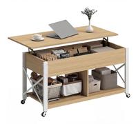 HOMCOM Table Basse relevable avec roulettes 105x50x67 cm Naturel/Blanc | Table basse avec compartiment caché et étagères ouvertes, pour salle à manger et bureau