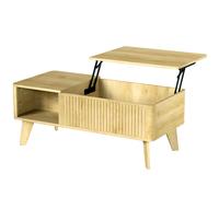 HOMCOM Table Basse Relevable, Compartiment Caché, 2 Étagères Ouvertes, Coins Arrondis, Style Mid-Century, 100x48x41cm, Chêne
