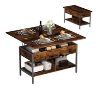 HOMCOM Table Basse Relevable et Extensible 98 x 49 x 55 cm Brun Rustique | Table de Salon, Plateau Pliant, Compartiment Caché, Étagères Ouvertes, Style Moderne, pour Salon, Bureau, Manger