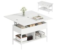 HOMCOM Table Basse Relevable et Extensible Table Salon 98x49x55 cm Blanc | Plateau Pliant, Compartiment Caché, Étagères Ouvertes, Style Moderne, pour Salon, Bureau, Manger