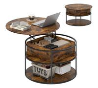HOMCOM Table Basse Ronde réglable en Hauteur avec étagère Ø80cm Marron | Plateau relevable avec rangement caché, table basse, table d'appoint, pour salon.