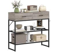HOMCOM Table Console avec 2 tiroirs 100x35x92 cm Bois Gris Clair | 2 étagères métalliques, crochet latéral, table console bois et métal, table d'entrée pour chambre