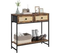 HOMCOM Table Console d'entrée 2 tiroirs 80x30x75 cm Brun Rustique | Étagère ouverte, tiroirs façade rotin, console étroite, entrée, couloir