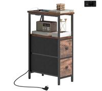 HOMCOM Table d'appoint avec Station de Charge, Table de Salon étroite avec 2 tiroirs en Tissu, étagère Ouverte, Prise AC et 2 Ports USB, pour Salon, Chambre, Petits espaces, Brun Rustique