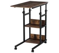 HOMCOM Table d'appoint Bout de canapé Table roulante Table de Lit pour Ordinateur Portable Hauteur réglable 2 étagères intégrées cadre métal Marron