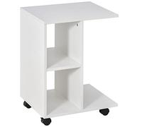 HOMCOM Table d'appoint en forme de C avec 2 étagères ouvertes et 4 roulettes pivotantes, Table de chevet en MDF et PE, 45x35x58 cm, Blanc