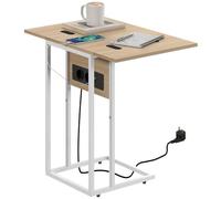 HOMCOM Table d'appoint Pliante en Forme de C 39x29x57cm Bois | Table de chevet avec prise, table basse pieds métal, table de canapé pour salon et chambre