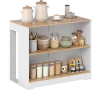 HOMCOM Table de bar, table haute cuisine à 3 niveaux avec 2 compartiments ouverts, plateau en effet bois naturel, pour salle à manger et cuisine, 113 x 60 x 90 cm, blanc