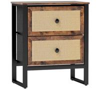 HOMCOM Table de Chevet avec 2 tiroirs rotin, Pieds Acier, Brun Rustique | Table d'appoint, chevet, pour chambre, salon