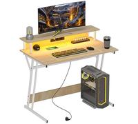 HOMCOM Table de jeu avec éclairage LED 100x60 cm Table de jeu avec prises électriques Support pour moniteur Tablettes pour moniteur et télécommande pour bureau Étude Naturel